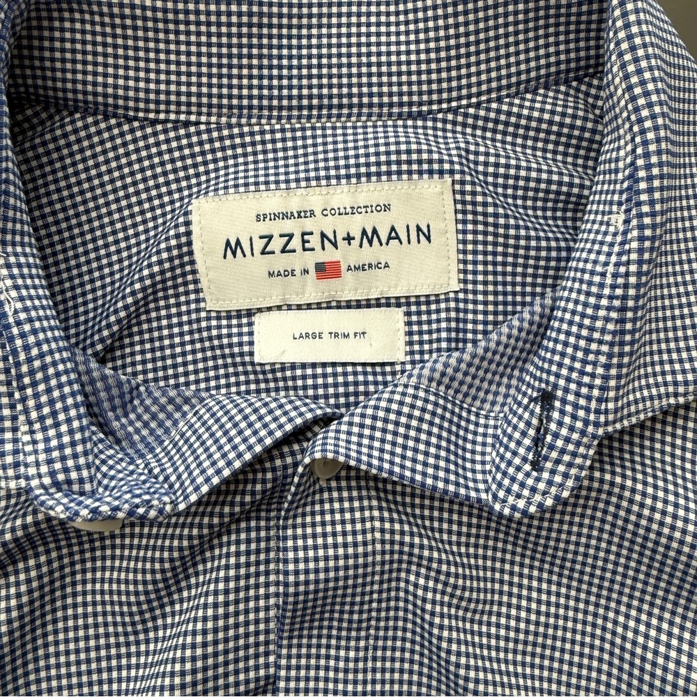 MIZZEN + MAIN White/Blue Gingham Check Trim Fit Sz L Button Front Shirt - Picture 7 of 8